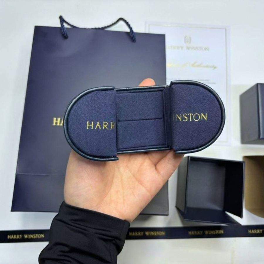 Harry Winston Navy Blue Leather Ring Case with Outer Box | Empty Jewelry Box