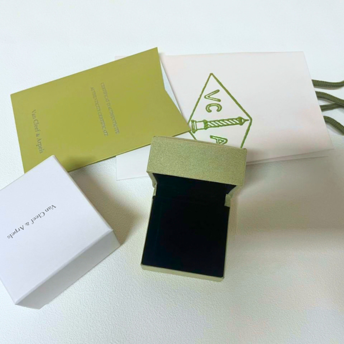 Van Cleef & Arpels VCA Sage Green Suede Ring Box | Empty Jewelry Gift Case