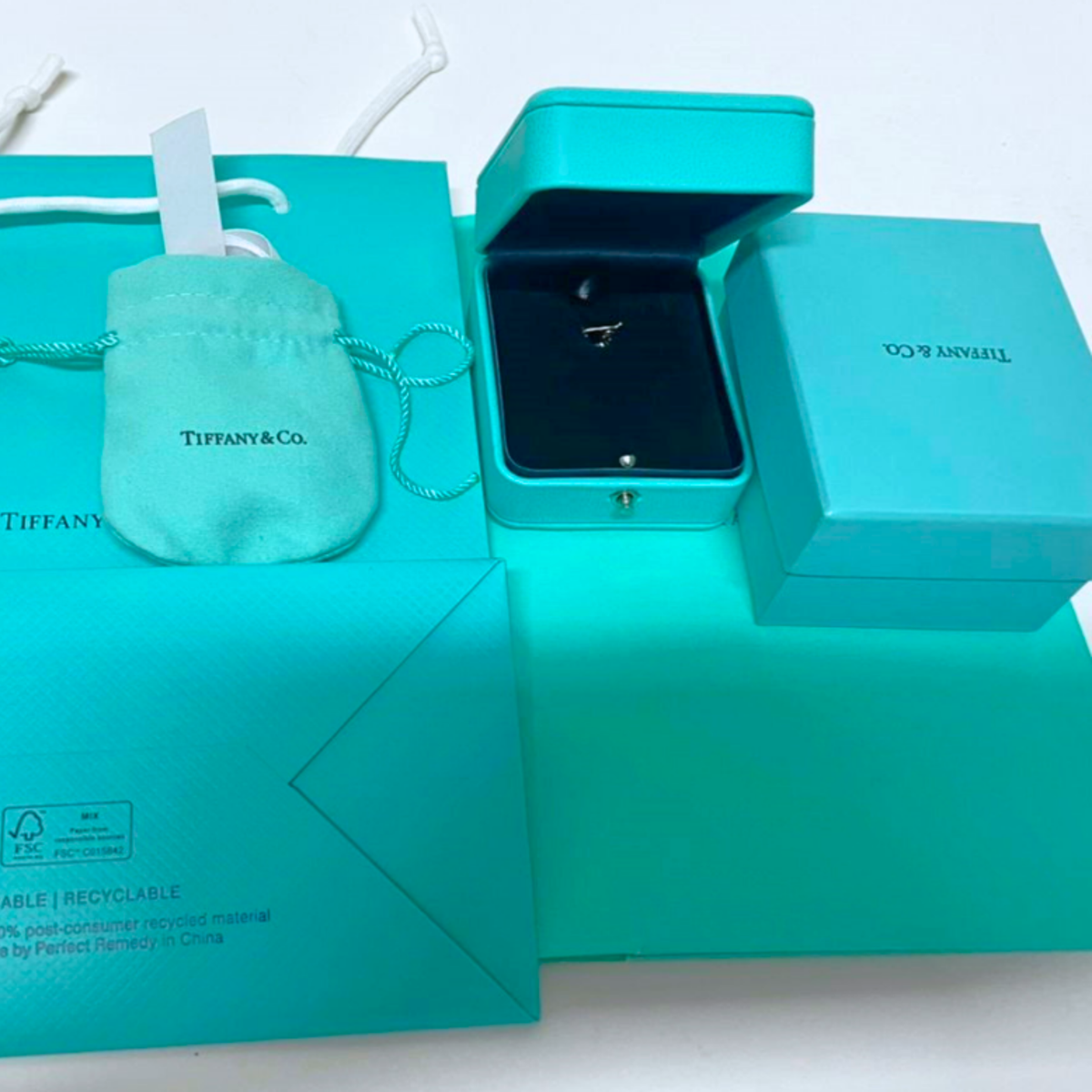 Tiffany & Co. Blue Leather Necklace Gift Box Set with Presentation Case & Bag