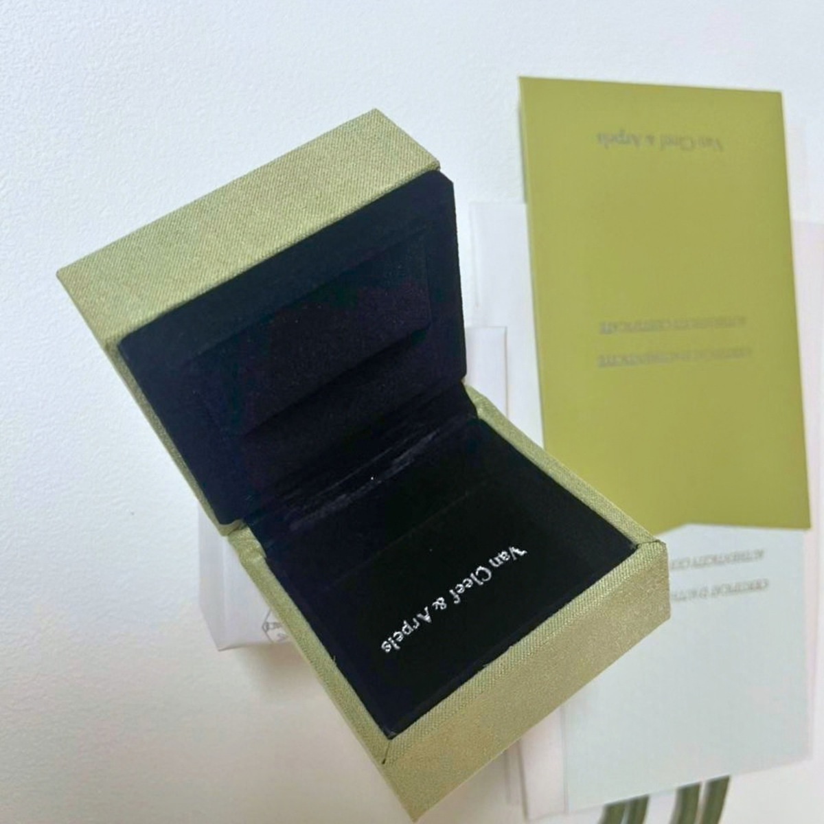 Van Cleef & Arpels VCA Sage Green Suede Ring Box | Empty Jewelry Gift Case