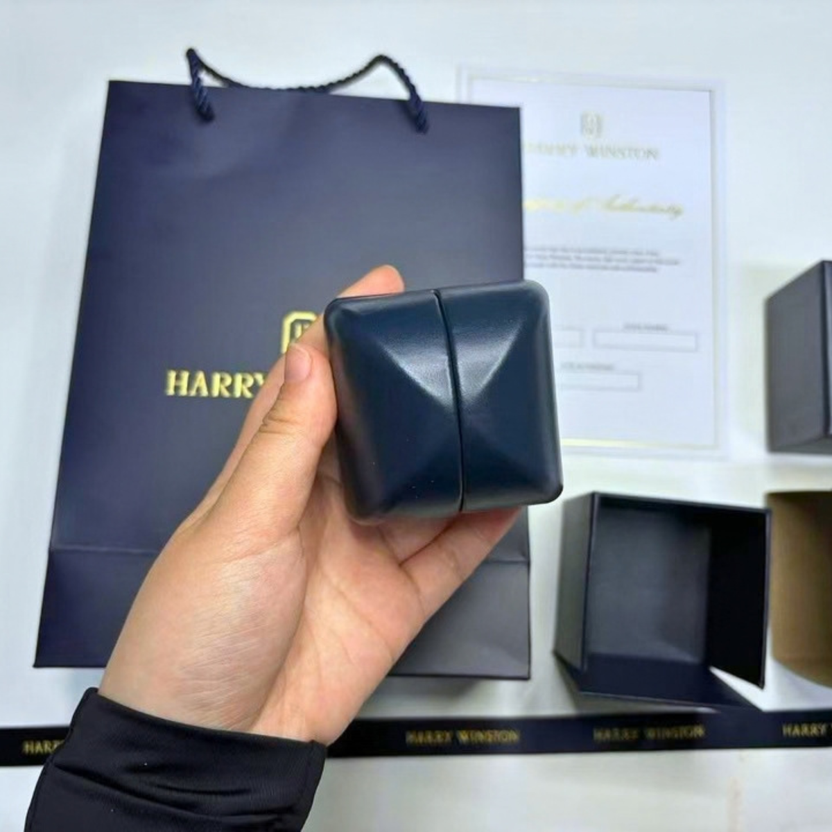 Harry Winston Navy Blue Leather Ring Case with Outer Box | Empty Jewelry Box