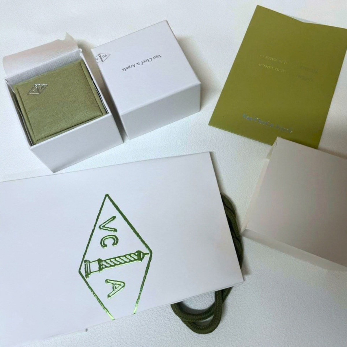 Van Cleef & Arpels VCA Sage Green Suede Ring Box | Empty Jewelry Gift Case