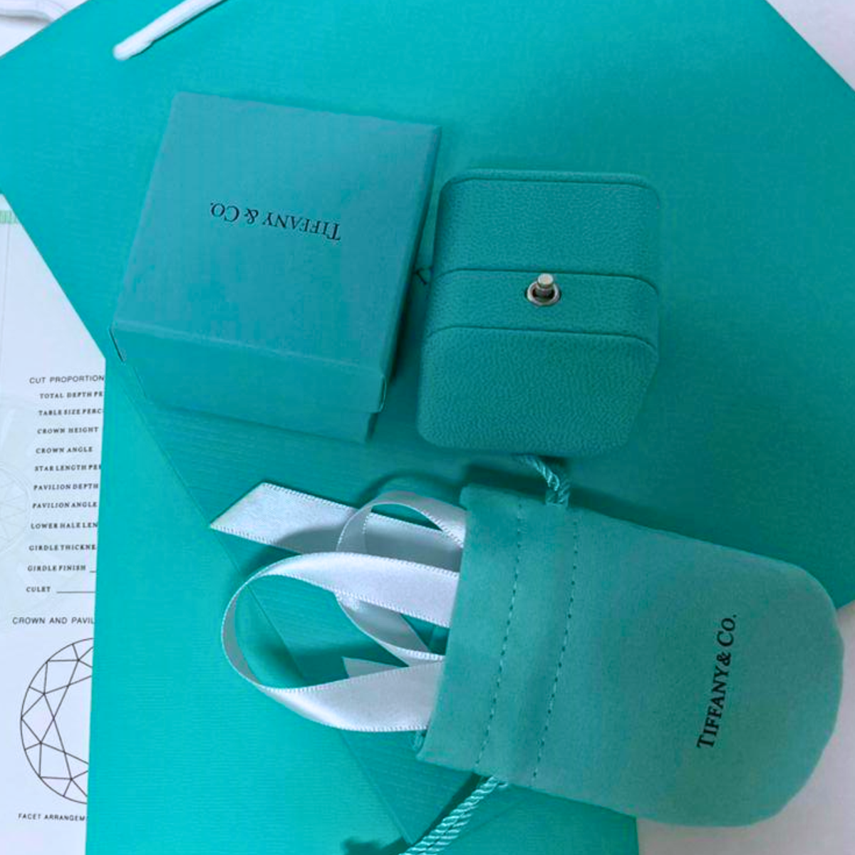 Tiffany & Co. Engagement Ring Box Set with Outer Box, Pouch, Certificate, Folder & Bag